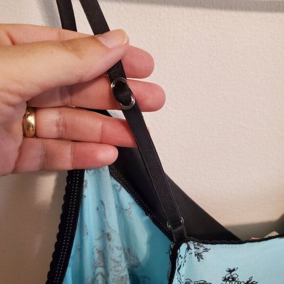 Linea Donatella Black Blue Floral Slip Night Gown V-neck Ruffled Hem Large - Picture 9 of 16